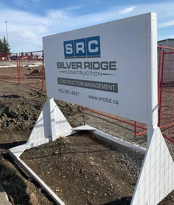 Construction site development sign on an A-frame stand